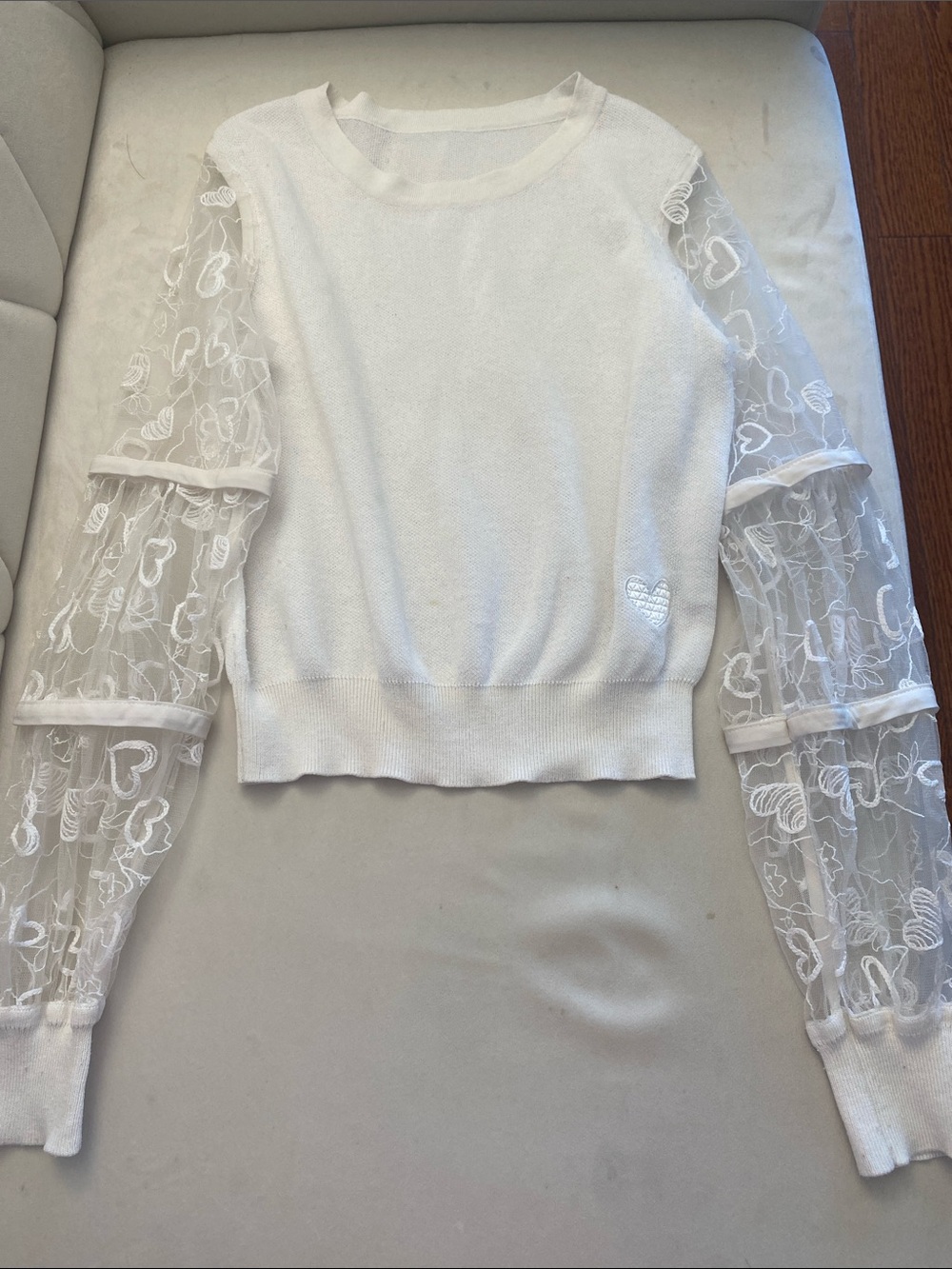 White Sheer Heart Sleeve Knit Top